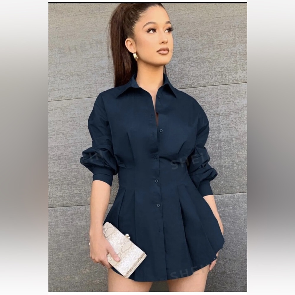Shein Prive Gthered Sleeve Fold Pleared Front Shirt navy Blue Size  6